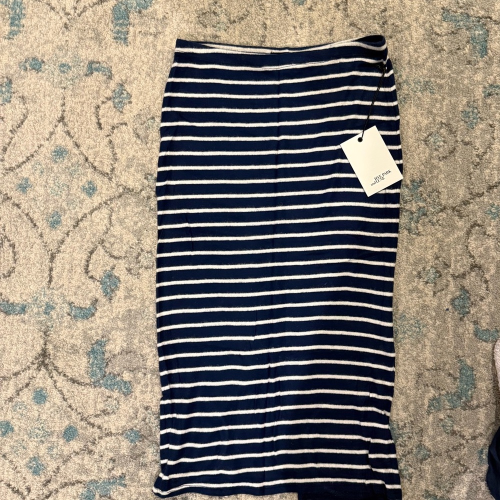 Blue and White Ribbed Pencil Skirt Midi Length